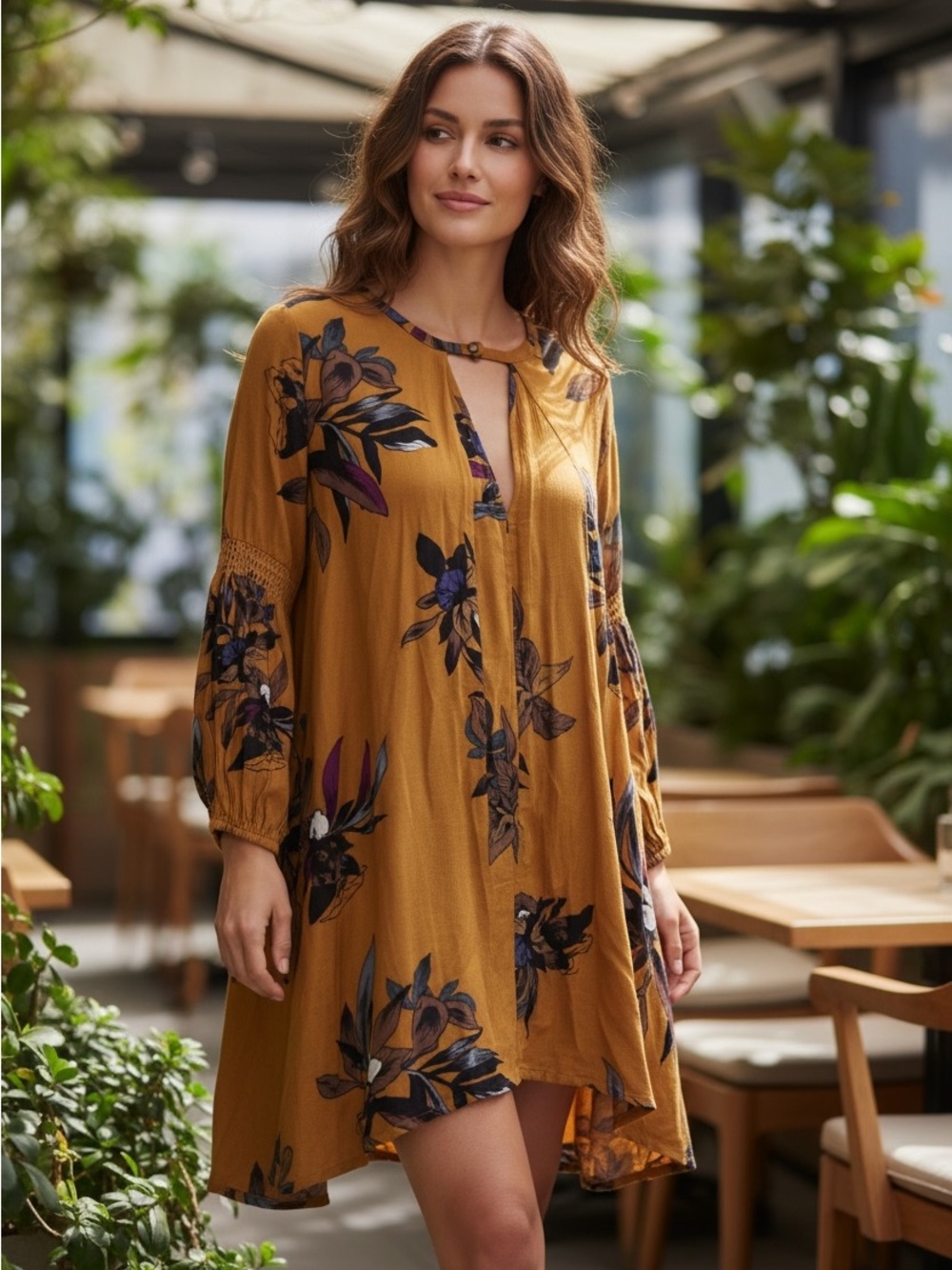 Free People Mustard Tree Swing Floral Asymmetrical Tunic Dress Size Medium